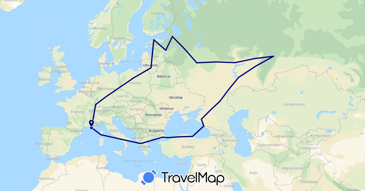 TravelMap itinerary: driving in Germany, Estonia, France, Greece, Italy, Lithuania, Russia, Turkey (Asia, Europe)